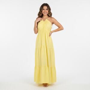 Butter Yellow Halter Maxi Dress Tiered Cottagecore Resort Sundress Large Summer